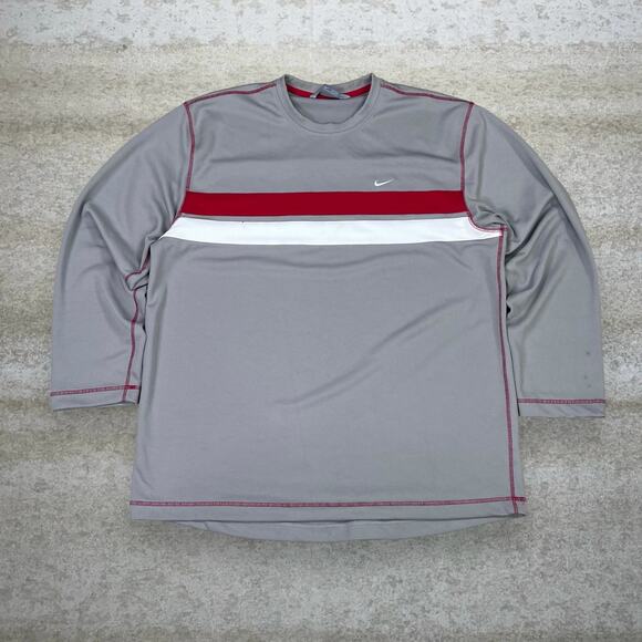 Nike Other - Vintage Nike Shirt Grey Polyester Long Sleeve Red White Swoosh Silver Tag Y2K